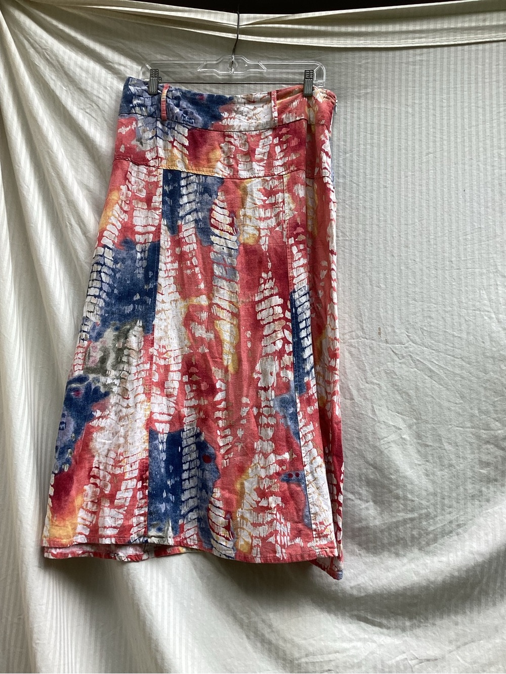 For Cynthia Tie-Dye batik linen blend Skirt in Coral, Navy Yellow, size medium